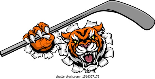 A tiger ice hockey player animal sports mascot holding a hockey stick