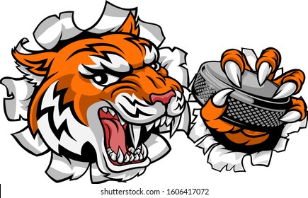 A tiger ice hockey player animal sports mascot holding a puck