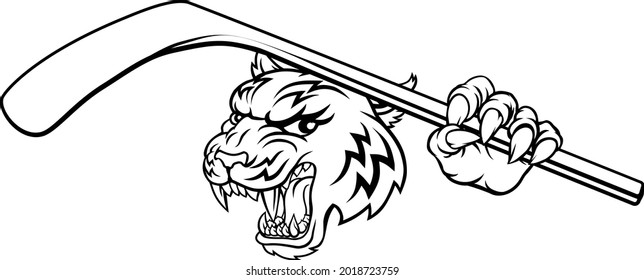 A tiger ice hockey player animal sports mascot holding a hockey stick