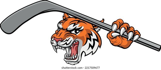 A tiger ice hockey player animal sports mascot holding a hockey stick
