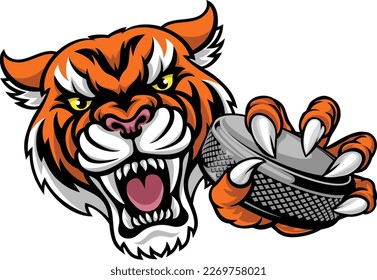 A tiger ice hockey player animal sports mascot holding a puck