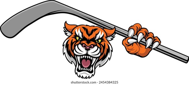 A tiger ice hockey player animal sports mascot holding a hockey stick