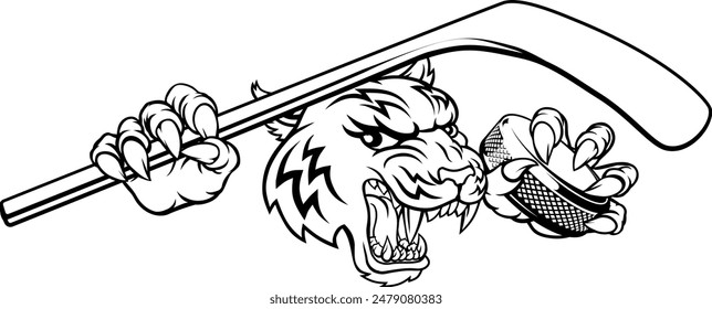 A tiger ice hockey player animal sports mascot holding a hockey stick and puck