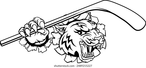 A tiger ice hockey player animal sports mascot holding a hockey stick