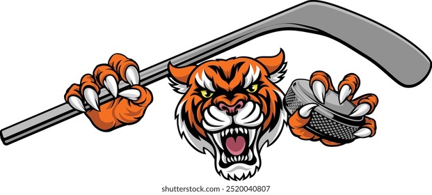 A tiger ice hockey player animal sports mascot holding a hockey stick and puck