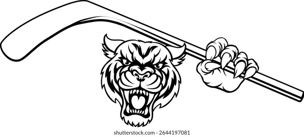 A tiger ice hockey player animal sports mascot holding a hockey stick