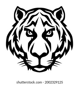 The tiger icon. Drawing of a tiger's head in the style of a black work tattoo. Zodiac sign. Symbol 2022. Vector illustration isolated on a white background for design and web.