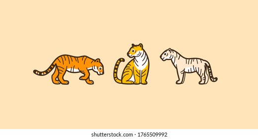 Tiger icon set. Different type of wild cat. Vector illustration for prints, clothing, packaging, stickers.