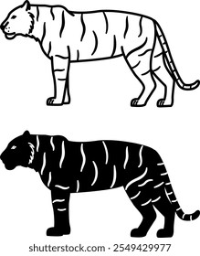 Tiger Icons. Black and White Vector Illustration. Predatory Mammal, Wild Cat. For Coloring Book Design. Animal Concept