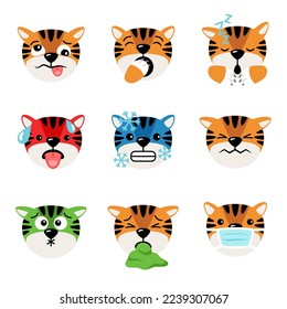 Tiger icons set of emoticons isolated vector illustration on white background. Tigers heads with emoticons, cartoon character collection. Cartoon cute animals head with facial expression
