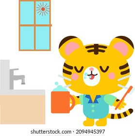 Tiger illustration brushing teeth in the morning