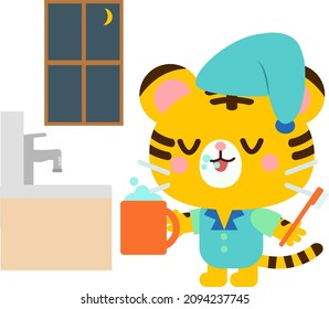 Ilustración del tigre cepillando dientes por la noche