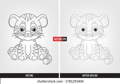 Tiger Illustration color and trace, tracing worksheet for preschool and kindergarten vector