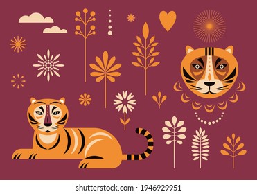 Tiger illustration and decor floral design elements set. For cards, poster, banner design.