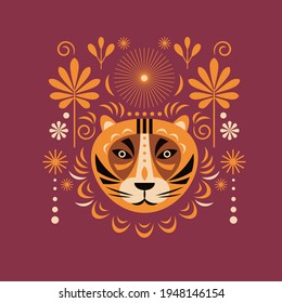 Tiger illustration and decor floral design elements set. 