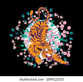 tiger illustration design for sukajan is mean japan traditional cloth or t-shirt with digital hand drawn Embroidery Men T-shirts Summer Casual Short Sleeve Hip Hop T Shirt Streetwear