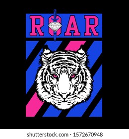 Tiger illustration, with flashy color , tee shirt graphics, vectors, roar typography