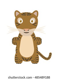 Tiger illustration as a funny character. Wild and dangerous animal. Small cartoon creature, isolated object in flat design on white background.
