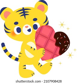Tiger illustration with heart-shaped chocolate