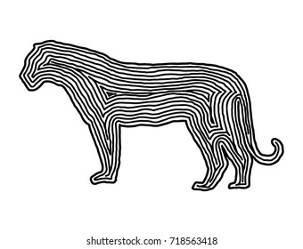 A tiger illustration icon in black offset line. Fingerprint style for logo or background design.