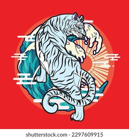 tiger illustration with japanese style background