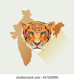 Tiger illustration in polygonal style. Triangle vector illustration of hunter mammal with map India. Geometric low poly tiger design. Tiger living in reserve, national park, jungle.