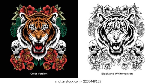 Tiger Illustration with skull and Roses Around for Apparel and Others Uses