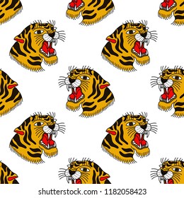 tiger illustration traditional tattoo flash seamless pattern