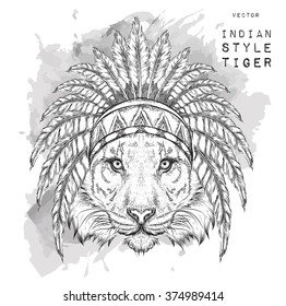 tiger in the Indian roach. Indian feather headdress of eagle. Hand draw vector illustration