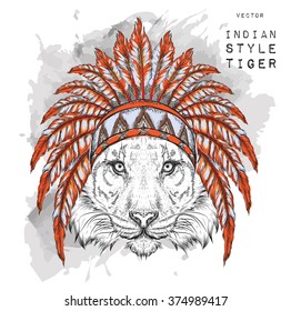 tiger in the Indian roach. Indian feather headdress of eagle. Hand draw vector illustration