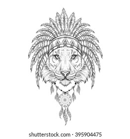 tiger in the Indian roach. Indian feather headdress of eagle. Hand draw vector illustration