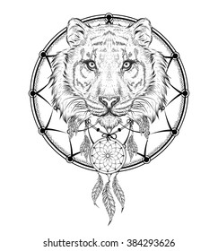 Tiger indian warrior, animal hand drawn illustration, native american poster.  Hand draw vector illustration