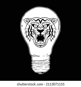tiger inside a light bulb black and white hand drawn