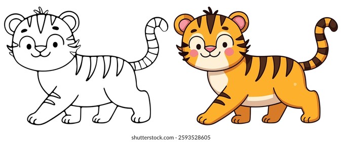 Tiger Isolated Line Art Vector Outline Illustration Black and White with Coloring Sample