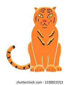 Tiger isolated on white background. Gorgeous exotic carnivorous animal with stripy coat. Graceful large wild cat or felid. Endangered species. Vector illustration