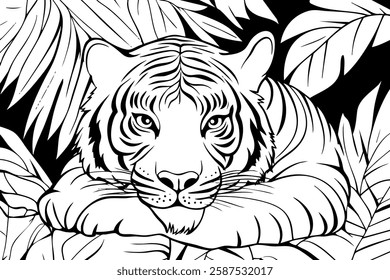 tiger, isolated on white background. Black and white line drawing. For children's design of coloring books, prints, posters, cards, stickers, illustration