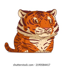 A Tiger, isolated vector illustration. Cute cartoon picture of a baby tiger sitting. An animal sticker. Simple drawing for kids of a tiger on white background. A calm big lazy cat. A cute predator