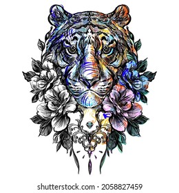 Tiger japanese engraving. Japanese tiger design. Wild print. Tiger T-Shirt design. Fashion vector illustration with tiger. Illustration for fabric, clother. - Vector.