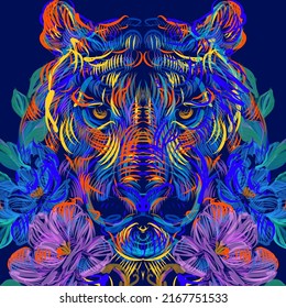 Tiger japanese engraving. Japanese tiger design. Wild print. Tiger T-Shirt design. Fashion vector illustration with tiger. Illustration for fabric, clother. - Vector.