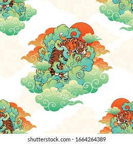 Tiger Japaneses or Chinese oriental doodle illustrator with cloud tattoo style seamless pattern vector with withe background