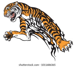 tiger in the jump. Aggressive big cat . Tattoo style vector illustration