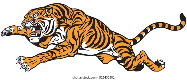 tiger jump. Angry big cat . Tattoo vector illustration isolated on white