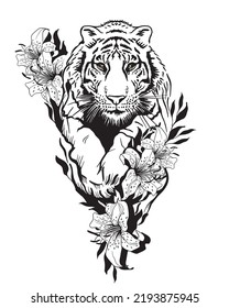 Tiger Jump Surrounded By Flowers Stylish Stock Vector (Royalty Free ...