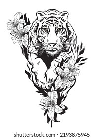 Tiger in a jump surrounded by flowers, stylish black and white pencil drawing. Suitable for logo, tattoo, interior decoration, paintings, printing on textiles and t-shirts. Predator Tiger.