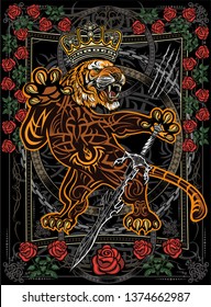 Tiger jumping with crown and background of roses and chains