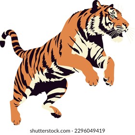 Tiger Jumping Flat Illustration Vector Design, Animals Big Cat Jungle Illustration