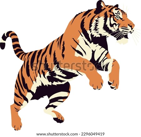 Tiger Jumping Flat Illustration Vector Design, Animals Big Cat Jungle Illustration