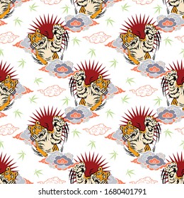 Tiger jumping of japanese doodle illustration with clouds design for seamless pattern vector with white background