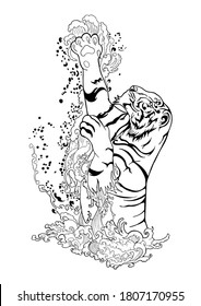 A tiger jumping from the splash water river illustration ink drawing doodle tattoo vector motif black and white background 