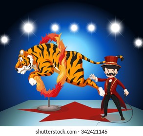 Tiger jumping through ring of fire illustration